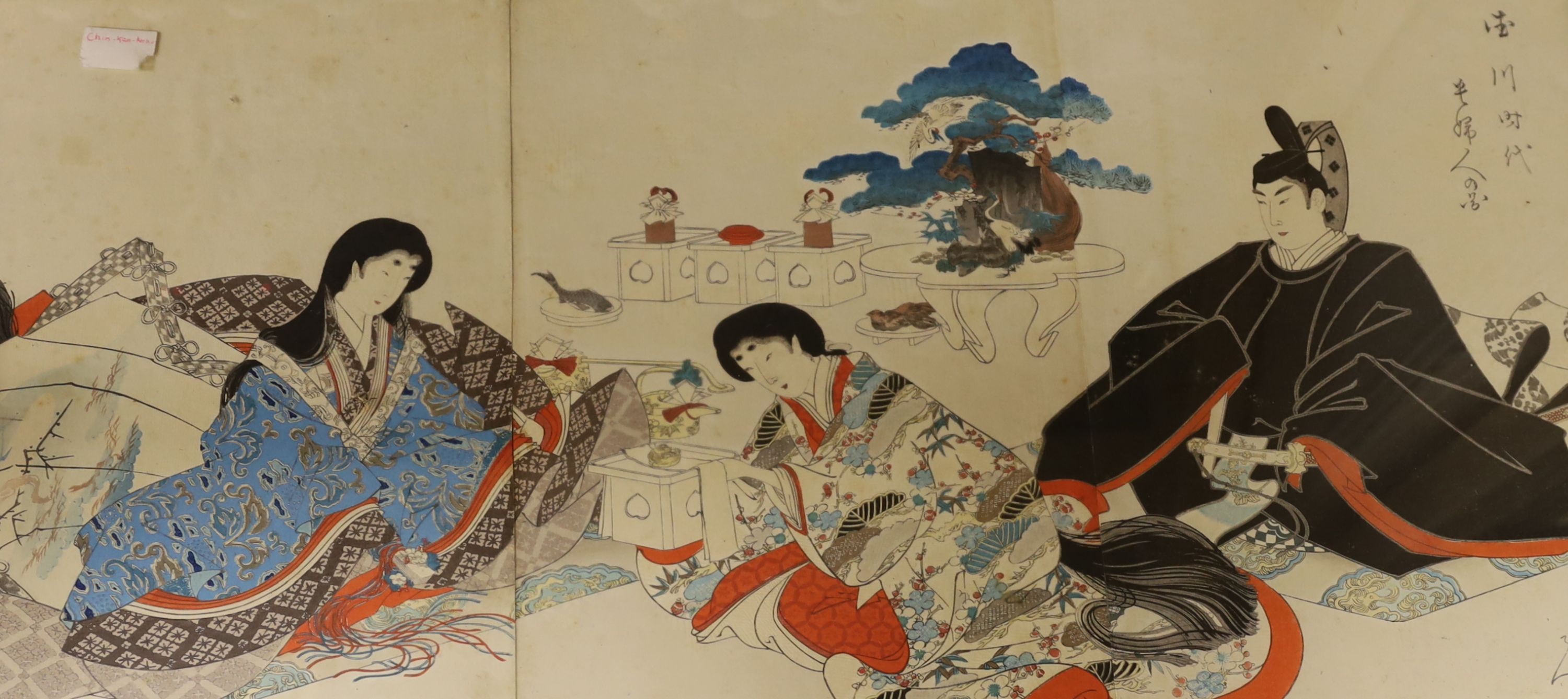 Japanese School, nine assorted woodblock prints including studies of Geisha and two triptychs, largest overall 35 x 70cm
